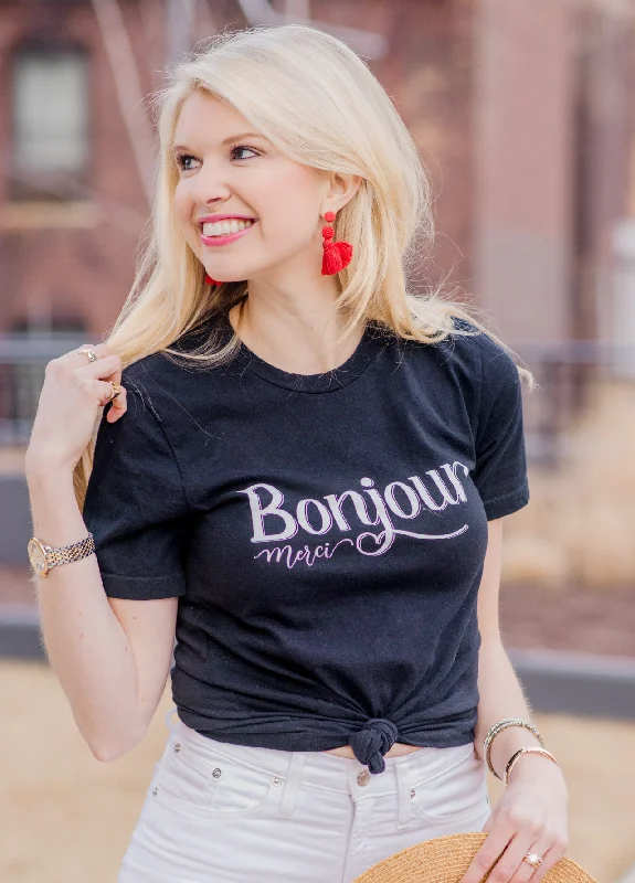 Bonjour Merci Black T-Shirt Chenille Blend Fleece Blend Nylon Blend Chenille Blend Fleece Blend Nylon Blend