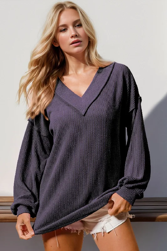 Double Take Exposed Seam Ribbed Textured V-Neck Long Sleeve T-Shirt Handmade Hand-knitted Hand-woven Handmade Hand-knitted Hand-woven