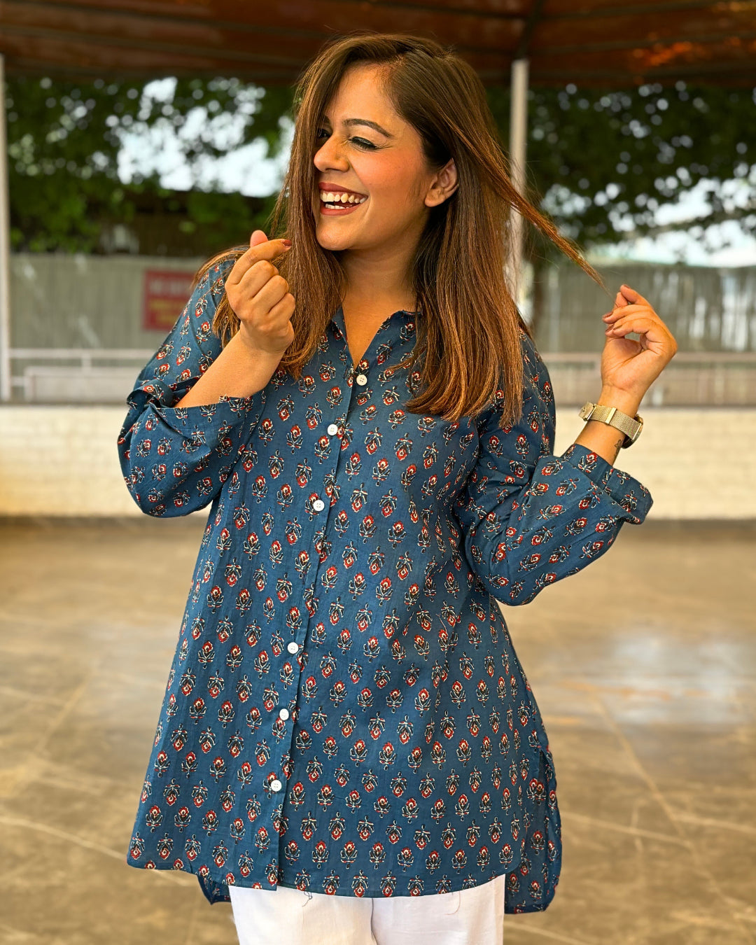 Indigo Floral Printed Cotton Aline Shirt Elegant Classic Vintage Elegant Classic Vintage Indigo Floral Printed Cotton Aline Shirt Elegant Classic Vintage Elegant Classic Vintage