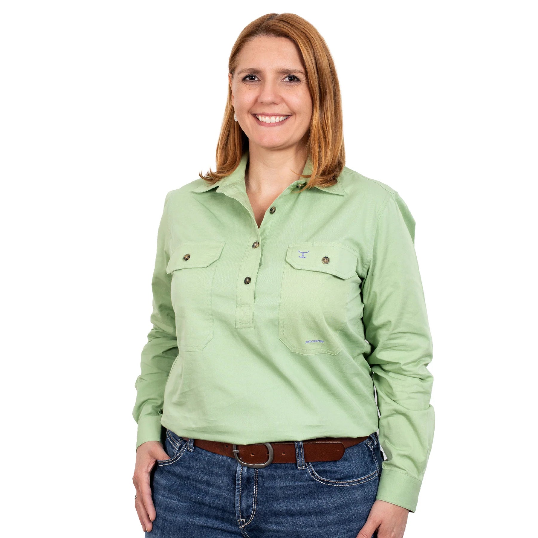 Just Country Jahna Ladies Work Shirt - Sage Hooded Caped Shawl Collar Hooded Caped Shawl Collar