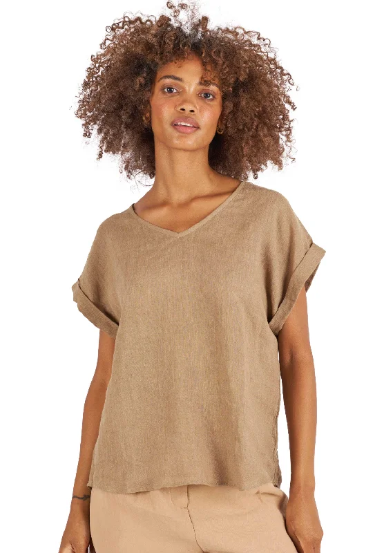 Martina Hazelnut Sand Washed Linen T-Shirt Ribbed T-Shirt High Neck Heavyweight Ribbed T-Shirt High Neck Heavyweight