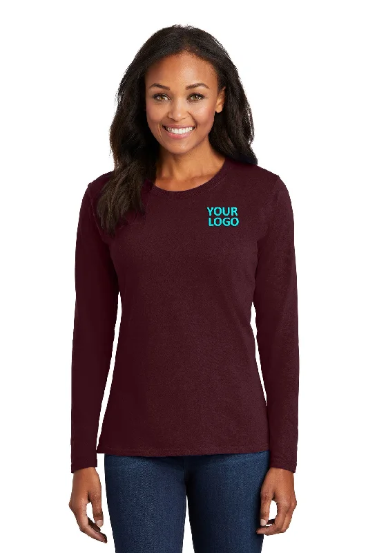 Port & Company Ladies Long Sleeve Custom Core Cotton Tee's, Athletic Maroon Satin Blend Silk Blend Wool Blend Satin Blend Silk Blend Wool Blend