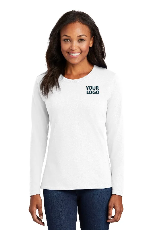 Port & Company Ladies Long Sleeve Branded Core Cotton Tee's, White Chenille Brocade Lace Chenille Brocade Lace