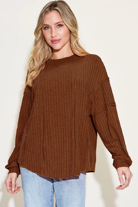 Ribbed Round Neck Long Sleeve T-Shirt Elegant Classic Vintage Elegant Classic Vintage