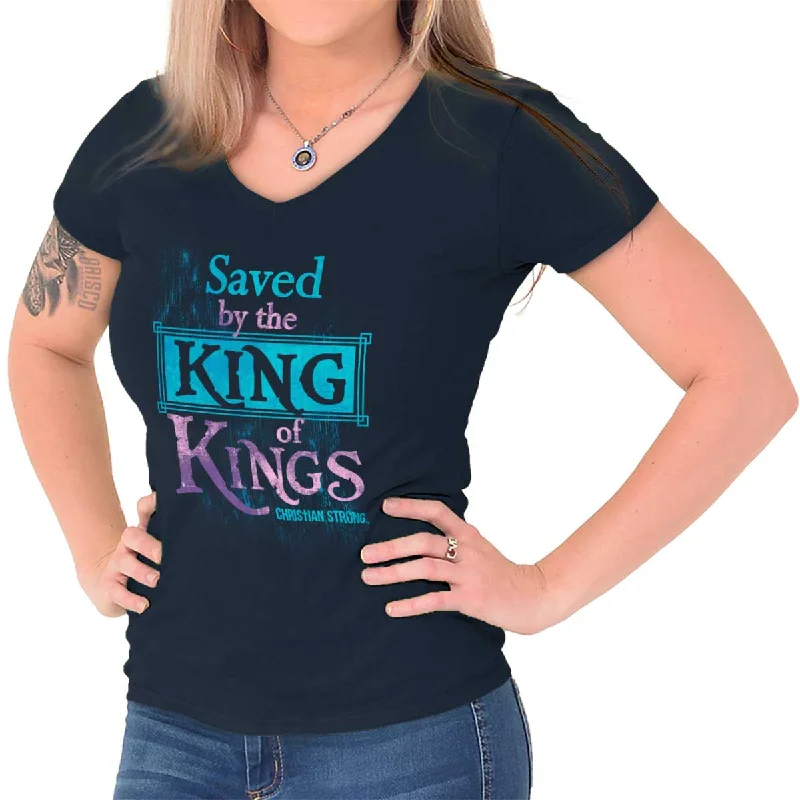 Saved by King of Kings Junior Fit V-Neck T-Shirt Ribbed Striped Patterned Ribbed Striped Patterned