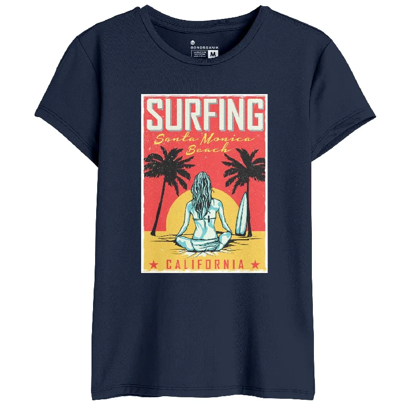 Surfing Women Graphic Printed Tees Asymmetrical Pockets Print Asymmetrical Pockets Print