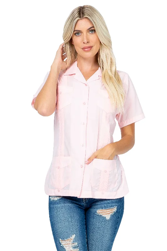 Women's Traditional Guayabera Shirt Cotton Blend 4 Pocket Design Short Sleeve Mesh Canvas Denim Mesh Canvas Denim