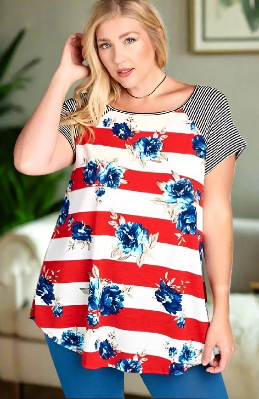 Womens Floral Striped Top, 4th of July Shirt, Plus Sizes 1xl/2xl/3xl, Red/White/Blue Welt Pockets Slit Pockets Welt Pockets Slit Pockets