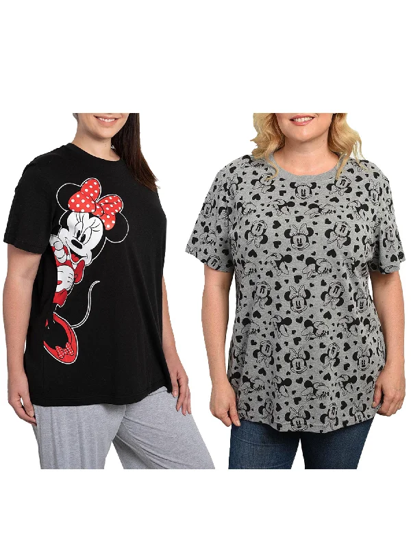 Womens Plus Size Disney Minnie Mouse T-shirt 2-PACK Short Sleeve Black Gray Hooded Caped Shawl Collar Hooded Caped Shawl Collar