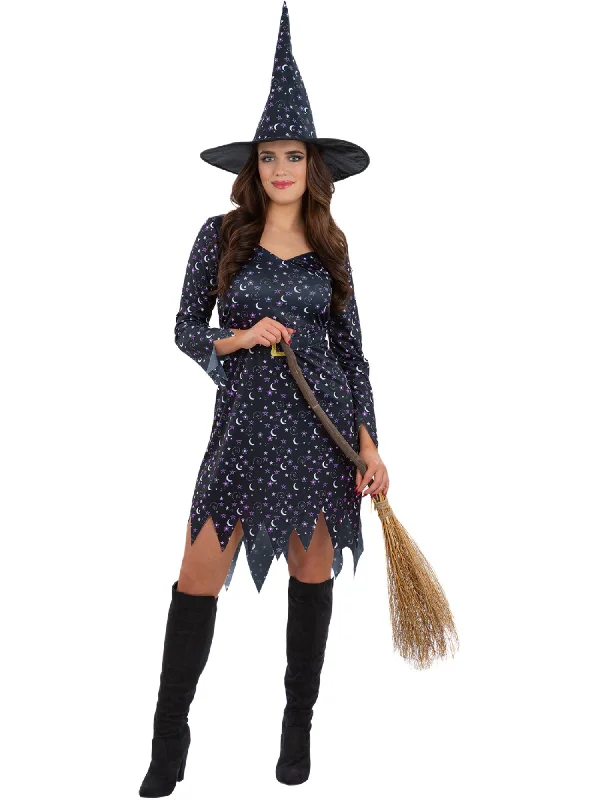 Moon & Stars Witch Costume Dress for Women Crew Neckline Sporty Crew Neckline Sporty Moon & Stars Witch Costume Dress for Women Crew Neckline Sporty Crew Neckline Sporty